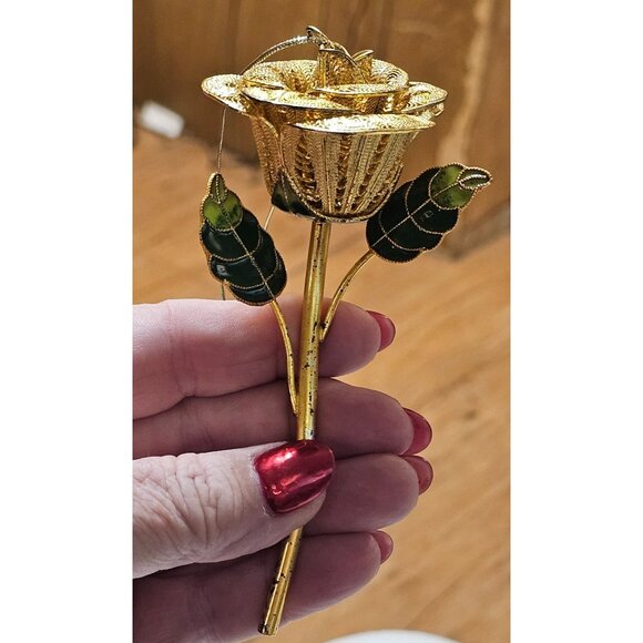 Vtg Gold Tone Filigree Rose Cloisonné Leaf 3D Rose Ornament - Picture 2 of 16